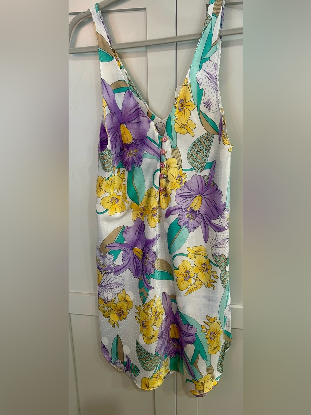 Vintage Cinema Etoile Floral Satin Slip Nightgown with Teal & Yellow Accents